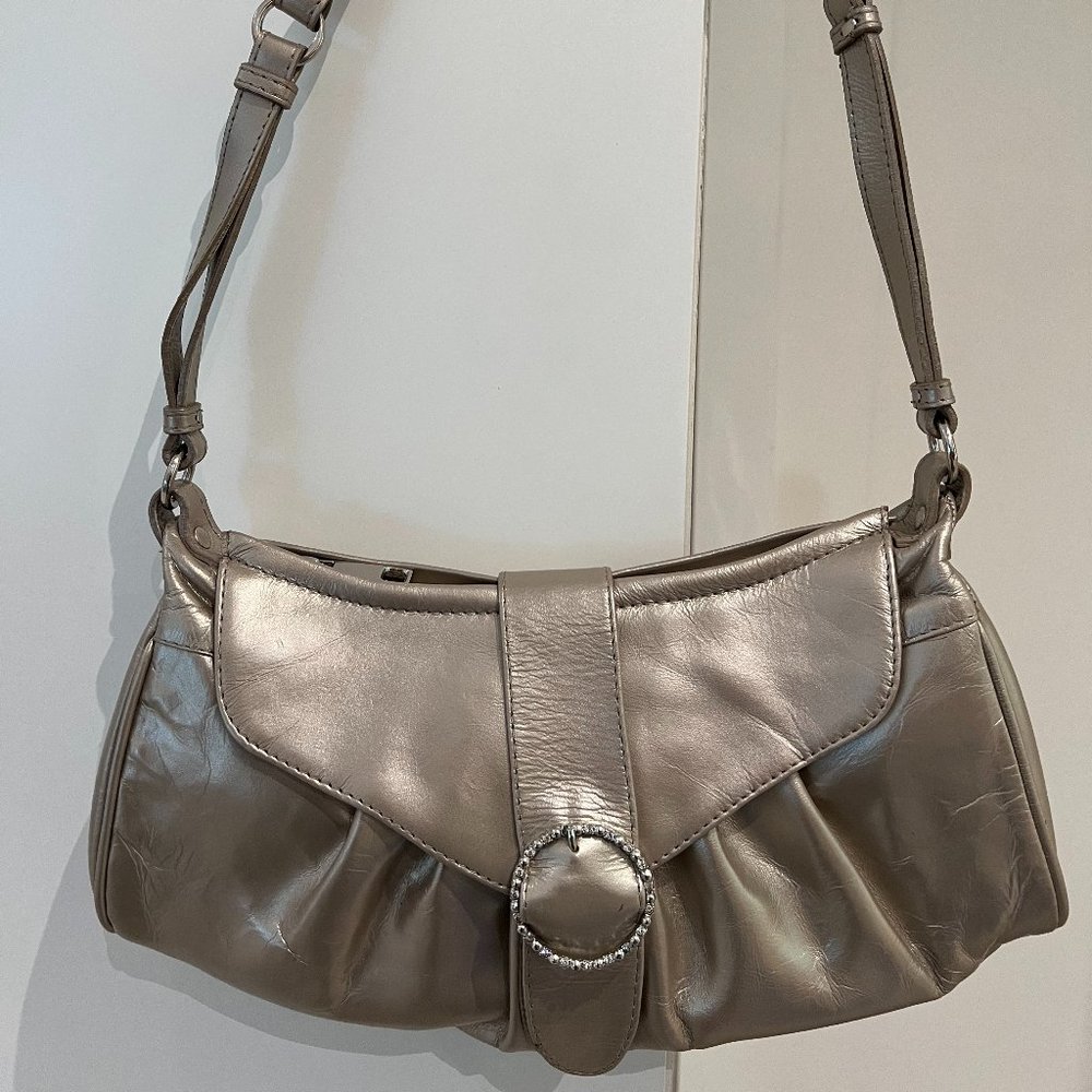 NATURALIZER Gold Metallic Shimmer Leather Shoulder Bag Purse Silver Hardware